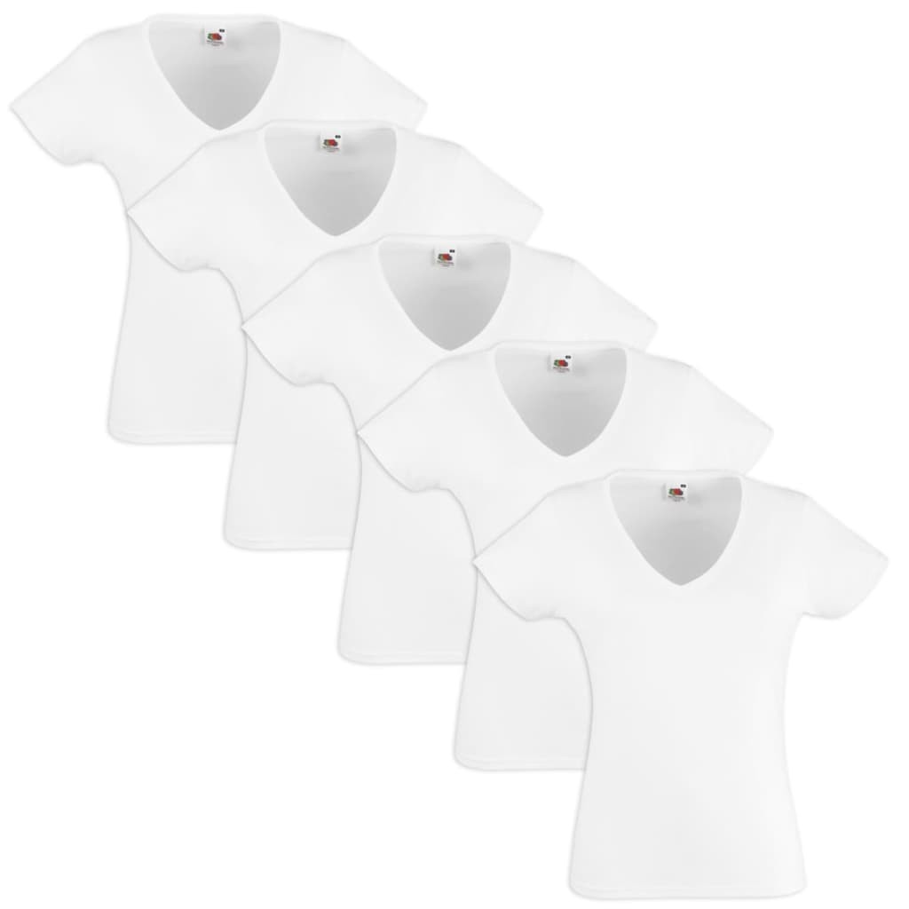 5 Fruit of the Loom Ladies V-Neck Value Weight T-shirt White XS
